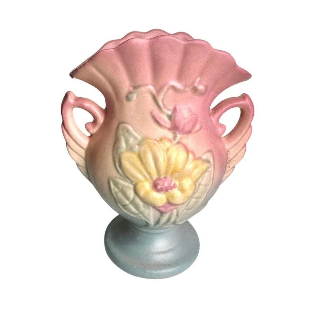Hull Pottery Magnolia Fan Vase #12 6 1/4 | Pink Pastel Double Handled Art Vase